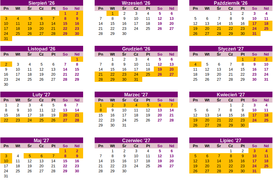 Wakacje szkolne 2026-2027 w strefie B, Francja, kalendarz