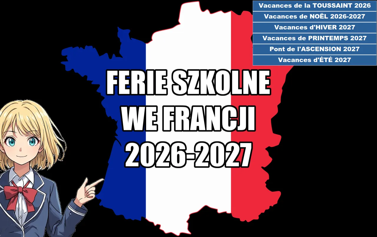 Infografika na czarnym tle: dziewczyna z anime wskazuje harmonogram ferii szkolnych we Francji na rok 2026-2027 na tle mapy kraju w barwach flagi narodowej.