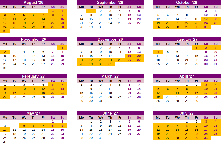 School holidays in Zone C, France, calendar 2026/2027