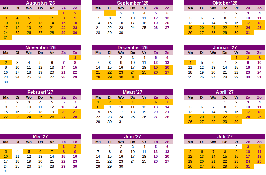 Schoolvakanties 2026-2027 in zone B, Frankrijk, kalender