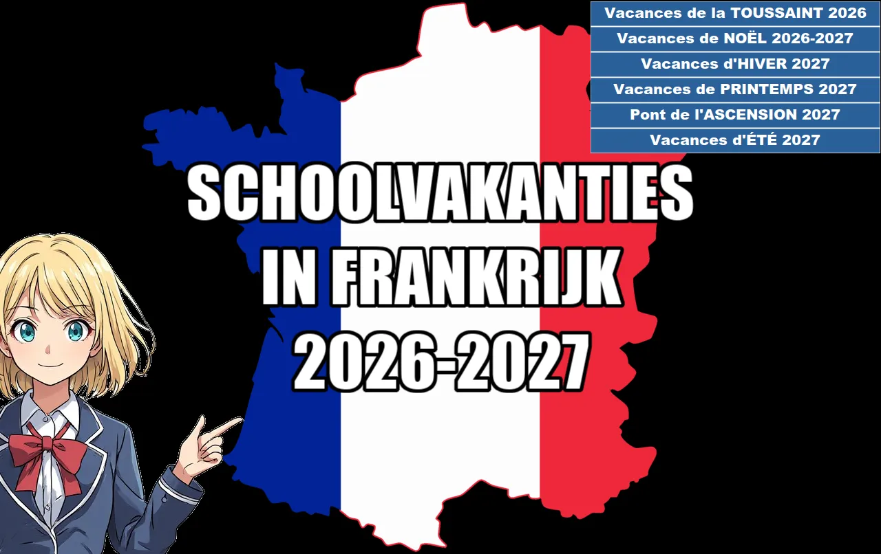 Infographic op een zwarte achtergrond: een anime-meisje wijst naar het schoolvakantieschema in Frankrijk voor 2026-2027 op een kaart van het land in de kleuren van de nationale vlag.