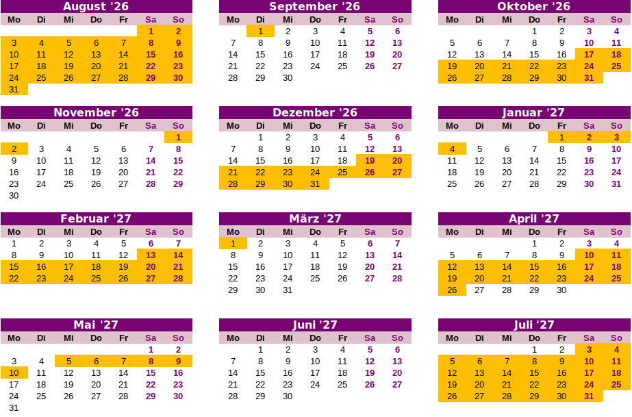 Schulferien in Frankreich für das Schuljahr 2026/27 in Zone A (Kalender)