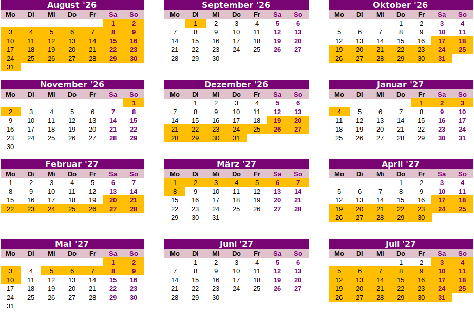 Schulferien 2026-2027 in Frankreich in Zone C, Kalender