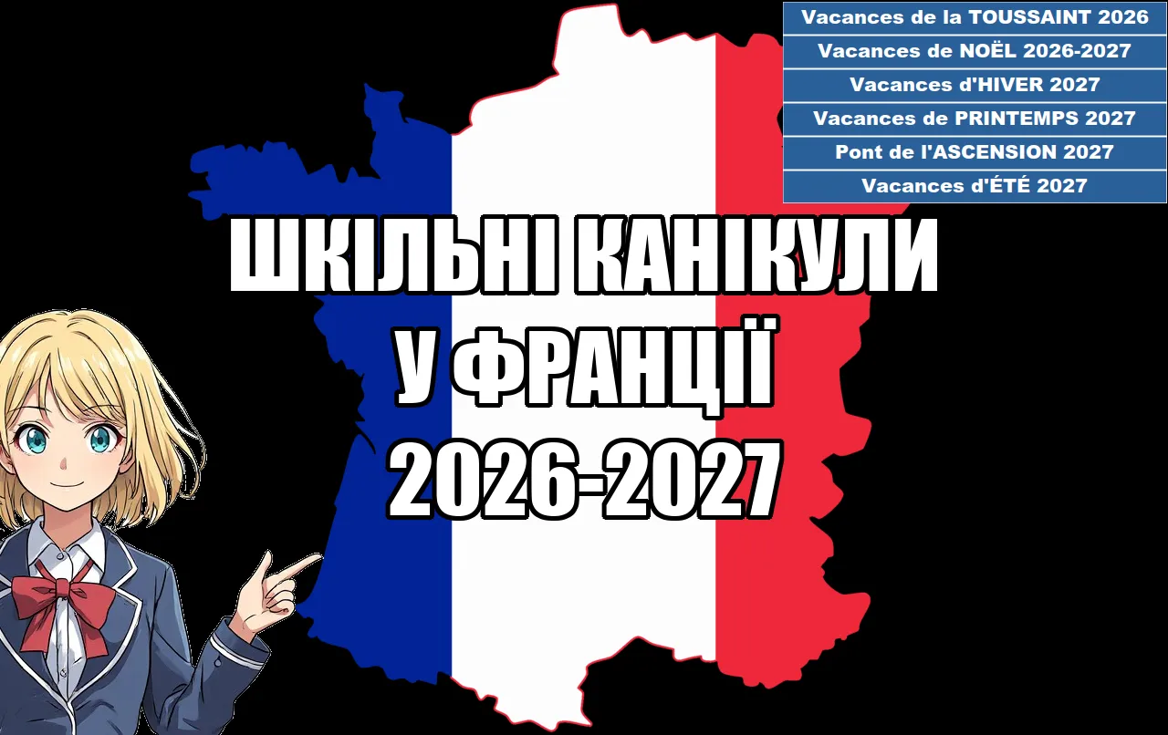 Інфографіка на чорному тлі: аніме дівчина вказує на розклад шкільних канікул у Франції 2026-2027 на фоні карти країни в кольорах національного прапора.