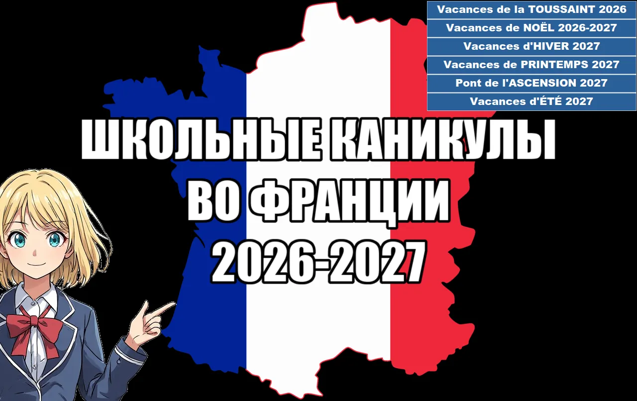 Infographic on a black background: an anime girl points to the school holiday schedule in France for 2026-2027 against a map of the country in the colors of the national flag.