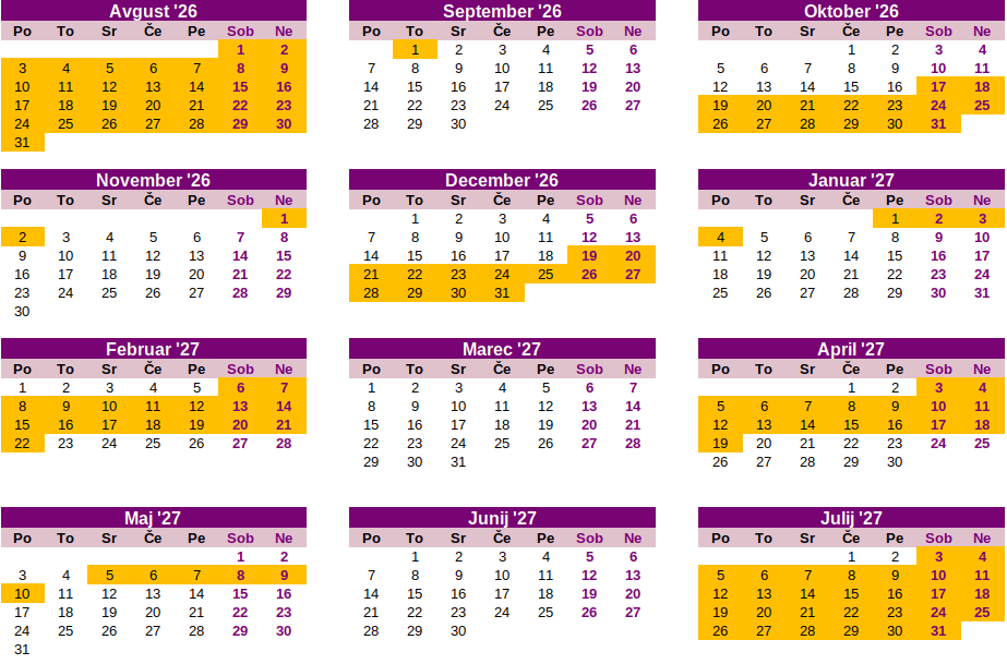 Šolske počitnice 2026–2027 v Franciji v coni C, koledar.