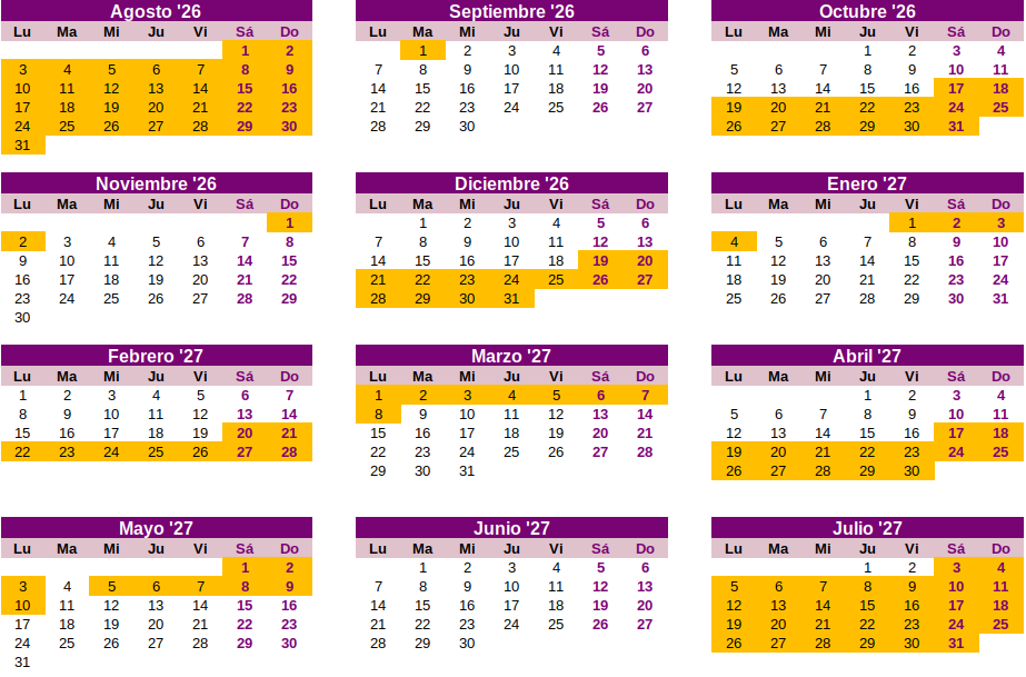 Vacaciones escolares 2026-2027 en la zona B, Francia, calendario