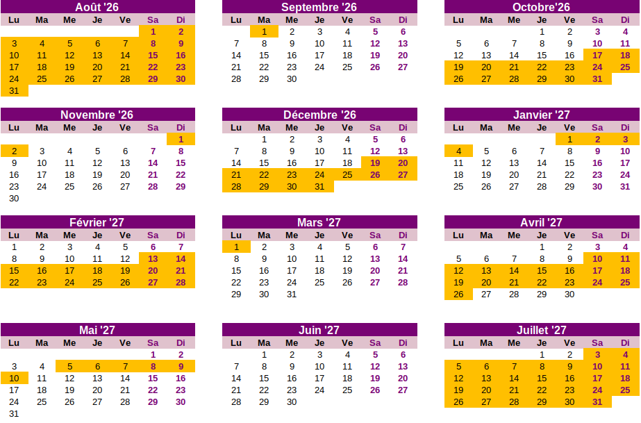 Calendrier des vacances scolaires 2026-2027 en zone B, France