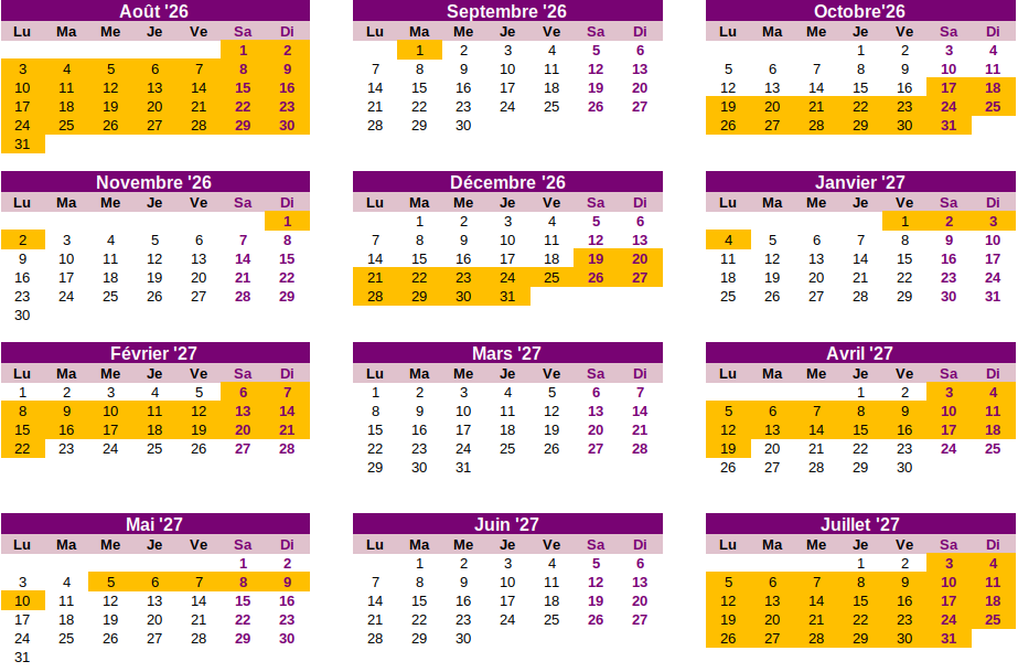 Vacances scolaires 2026-2027 en France, zone C, calendrier