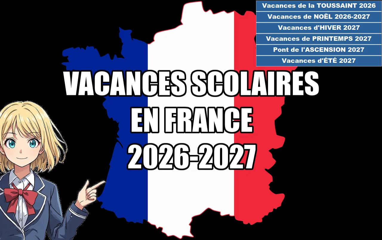 Infographie sur fond noir : une jeune fille de style manga indique le calendrier des vacances scolaires en France pour l’année scolaire 2026-2027 sur une carte du pays aux couleurs du drapeau national.